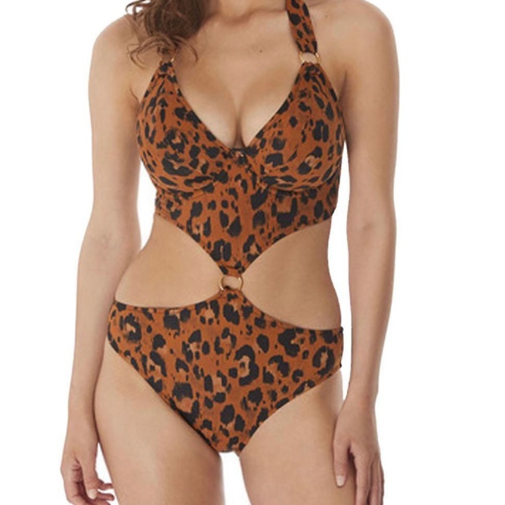NWT: Freya 32DD one piece cutout swimsuit with underwire & cups. Leopard print.